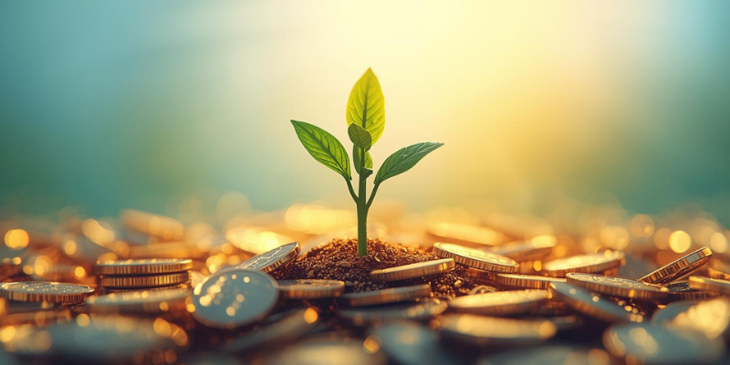 Planta crescendo entre moedas brilhantes.
