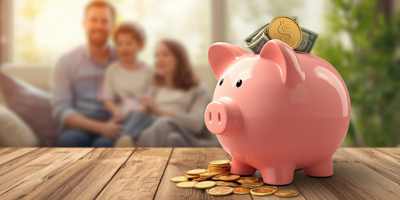 Porquinho com moedas e notas